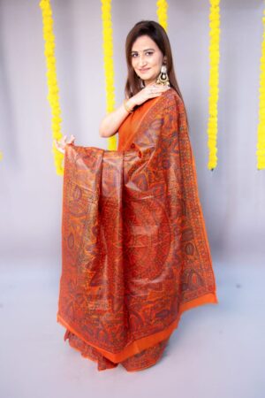 Handpainted Madhubani in orange colour paper silk